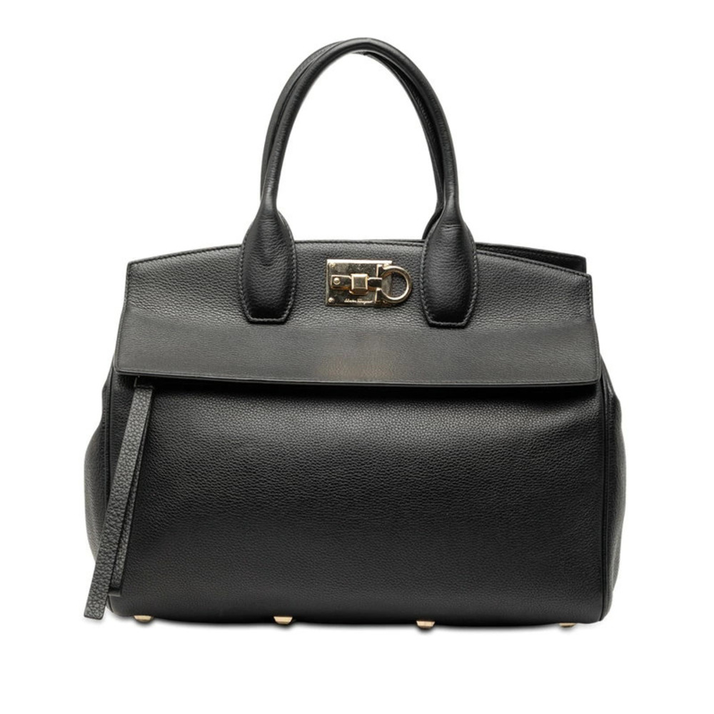 Salvatore Ferragamo Gancini Studio Bag Handbag Black Leather